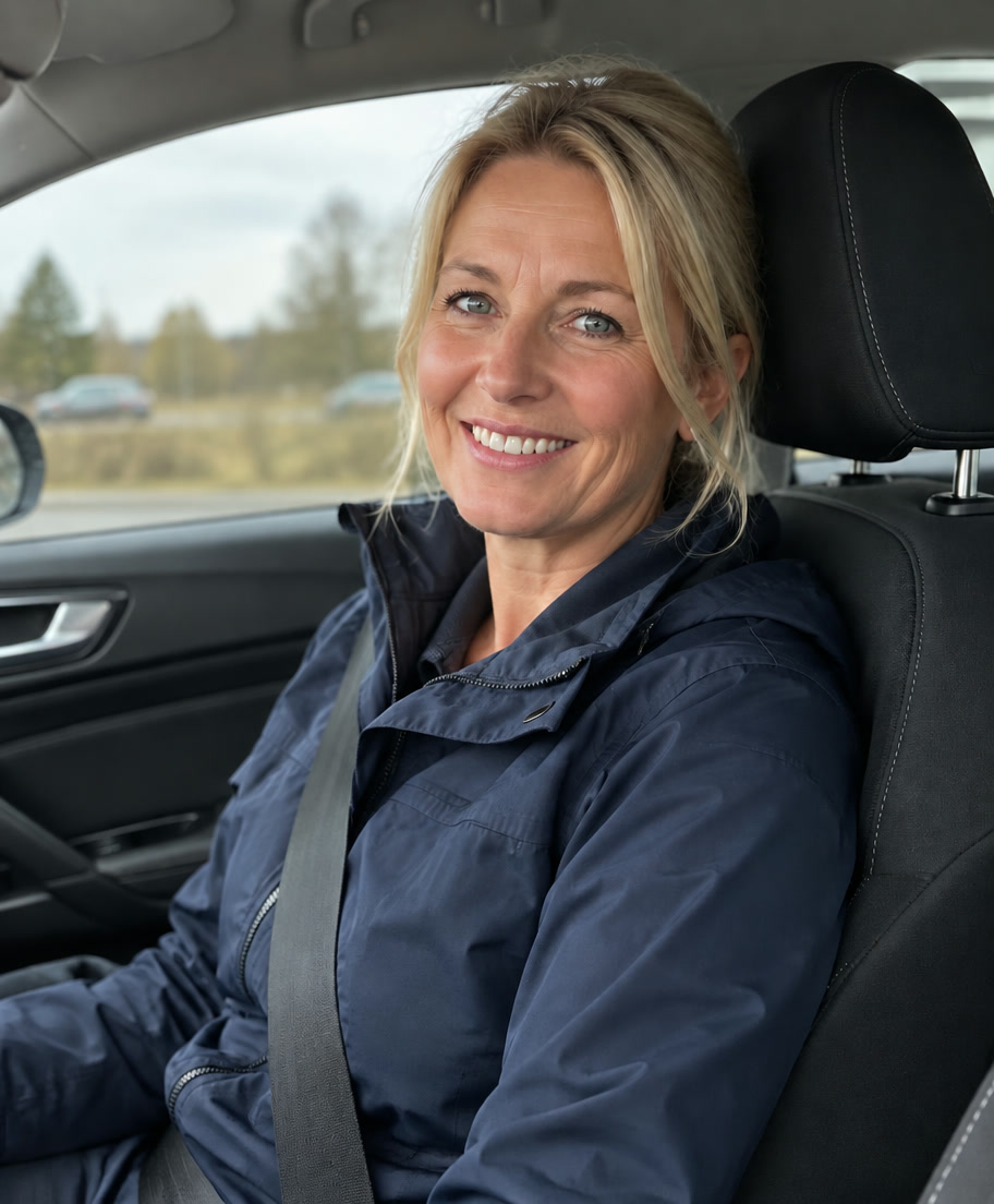 Leende trafiklärare i passagerarsätet i en parkerad bil